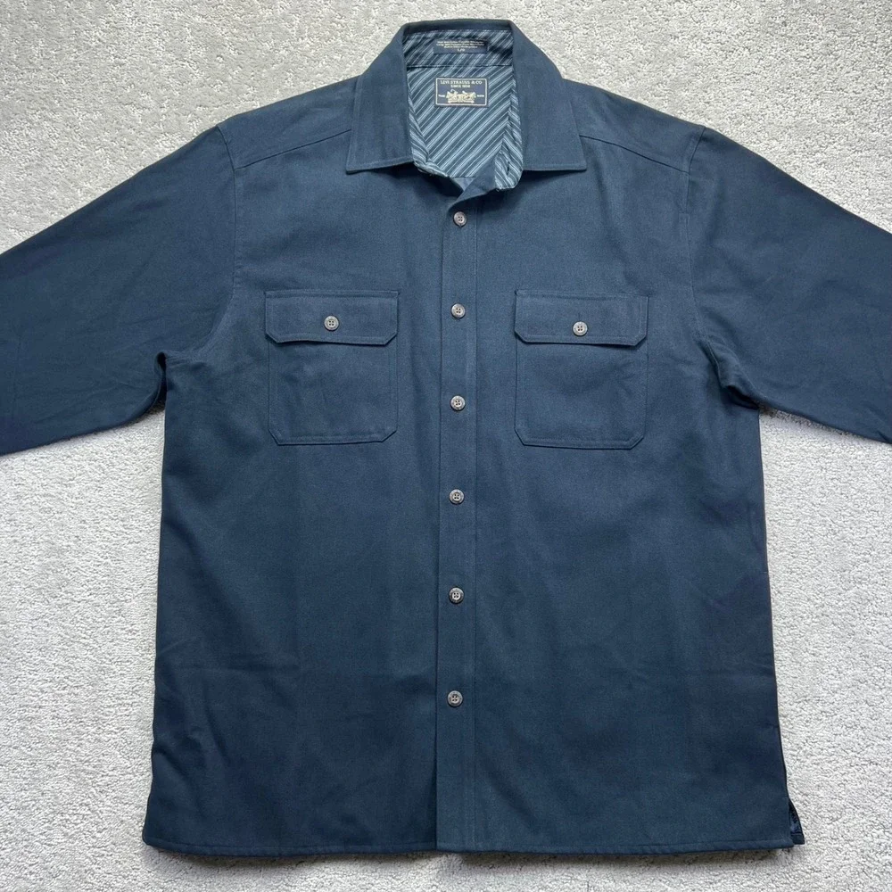 Levis Shirt Jacket Mens L Navy Blue Lined Cotton Chamois Pockets Chore Shacket